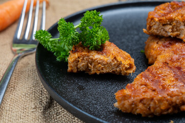 Tasty vegan burgers made from vegetarian plant based soya beans imitation meat