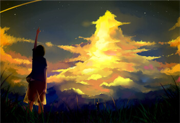 The scene depicts a heartwarming moment of a young boy and girl bidding farewell to each other from a distance. 