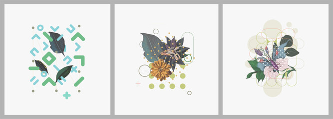 Abstract minimalist Art. Mixed style, geometric shapes and plants. Flowers, leaves. Set of vector paintings. Bauhaus. Backgrounds for poster, banner, print. - obrazy, fototapety, plakaty