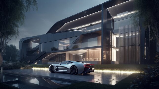 Grandiose Luxury House with Sleek and Stylish Bright-Light Supercar Parked Outdoors - The Perfect Pairing of Power and Elegance, Generative AI