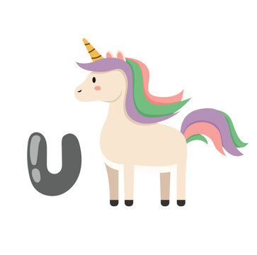 Concept Alphabet U unicorn. The illustration is a colorful and playful design for children featuring a cartoon unicorn. The image is created in a flat vector style. Vector illustration.