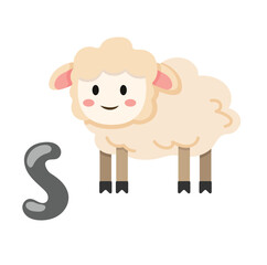 Concept Alphabet S sheep. This illustration is a cartoon design of a fluffy white sheep standing on a flat vector background. Vector illustration.