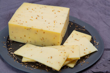 Cheese collection, piece of cow milk Dutch gouda cheese with dried aromatic cumin seeds close up