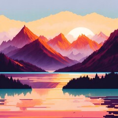 Beautiful Lake View, mountaint view, Vector Art Style Illustration, generative AI