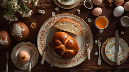 close up view of a table set for Easter breakfast, with some kind bread, easter eggs and flowers.
Created with generative AI