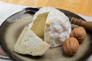 Cheese collection, soft cow French cheese with mold Gaperon artisanal lavored with cracked peppercorns and garlic produced in Auvergne