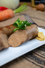 Tasty vegan sausages made from vegetarian plant based soya beans imitation meat