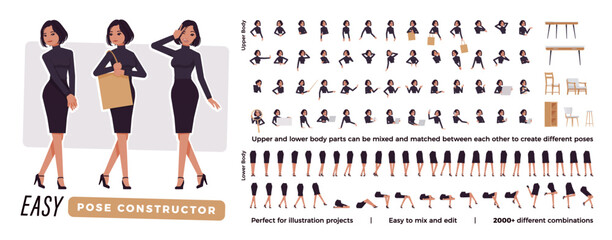 Business woman brunette character easy pose constructor. Office girl drag drop set, female assistant body match, figure building. Vector flat style cartoon construction kit isolated, white background