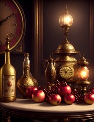 Fototapeta na wymiar Still life with a clock and golden bottles created with Generative AI technology