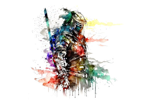 samurai drawn with watercolors isolated on white background. AI generation