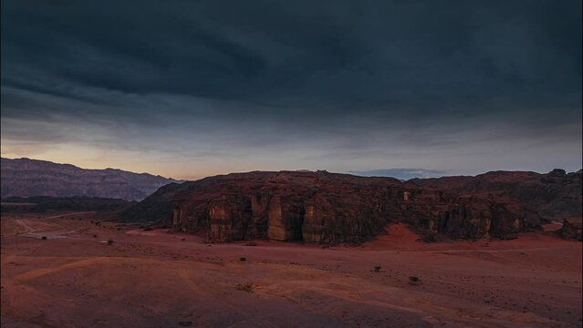 Sandstone cliffs in Timna Valley featuring King Solomon's Pillars, sunset