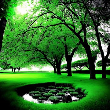 tree in the park. a green grass meadow, bright sunlight and a background with copy space. Stones and a pond in the garden. Created using Generative AI