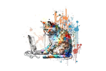 cat with laptop drawn with watercolors isolated on white background. AI generation