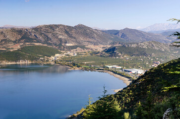 Fototapeta premium amazing lake Egirdir the most peaceful place for summer, Turkey, Isparta view from the top of the mountain to the city of Egridir on Lake Egridir