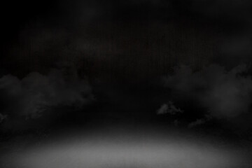 foggy empty dark room, smoke and fog over concrete floor, defocused and abstract background