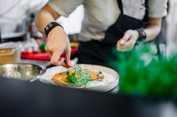 Obraz na płótnie Canvas Chef cooking Roasted salmon steak with pumpkin cream on restaurant kitchen