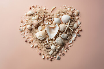 Heart shape composition of seashells on the light pink background, flatlay. Generative AI
