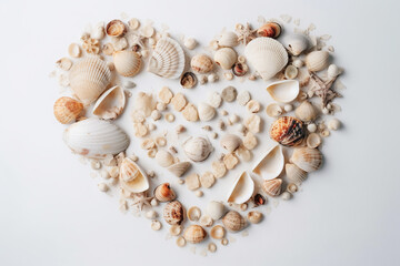 Heart shape composition of sea shells on white background, flatlay. Generative AI
