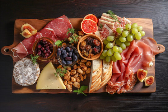Cold cuts, cheese, fruits on the wooden cutting board, top view. Generative AI