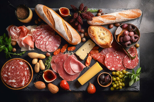 Cold cuts, cheese, olives and bread on the wooden cutting board, top view. Generative AI
