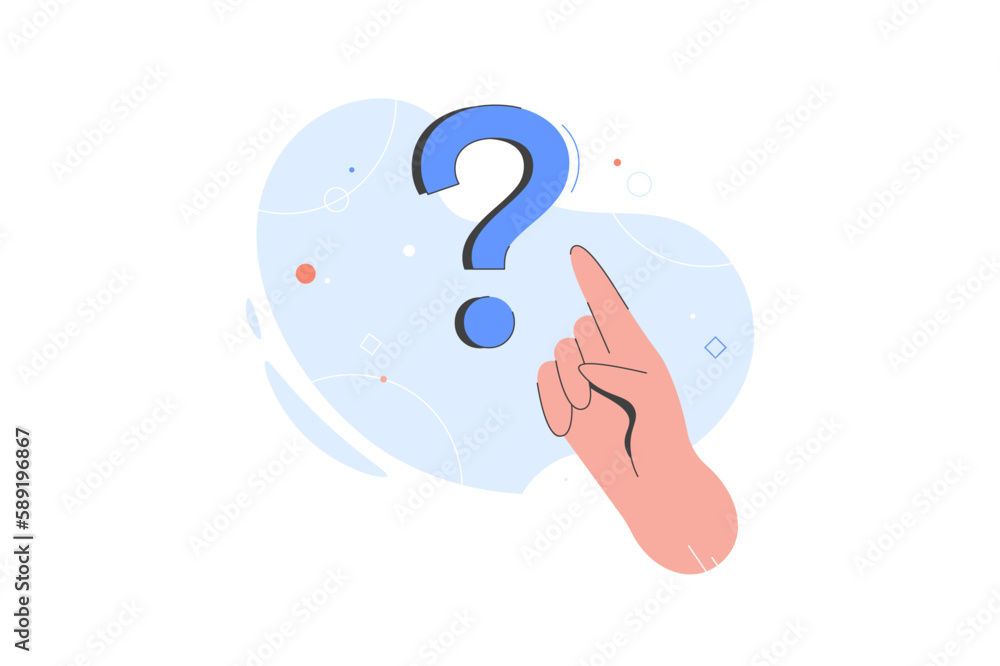 Poster hand pointing at question mark flat vector illustration. person trying to solve problem or searching