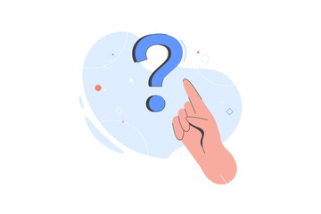 Hand pointing at question mark flat vector illustration. Person trying to solve problem or searching for solutions. Creativity. Business concept