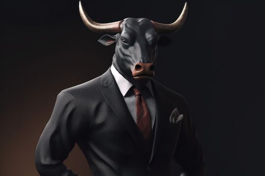 Businessman in a suit with a bull's head on a dark background. Business and finance concept, tough boss ruling the company. Generative AI.