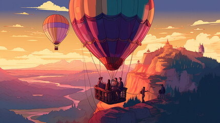 Enjoy the stunning views from above with this colorful hot air balloon illustration. Generative AI