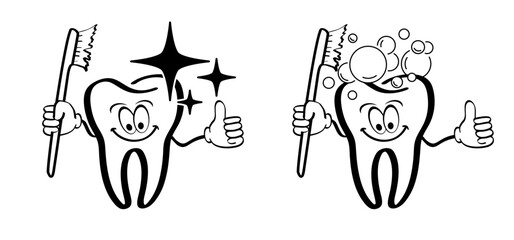 Cartoon healthy, tooth with gums and clean symbol. Vector drawing silhouette icon. Damage teeth or tooth with caries. Cracked tooth, mouth and dental, damaged. Strong enamel, disease. For brush day.