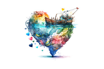 fishing boat with the sea in the shape of a heart drawn with watercolors isolated on a white background. AI generation