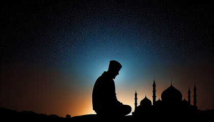 the silhouette of man praying in Ramadan Khareem. AI generative
