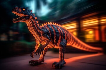 Obraz premium A glowing dinosaur on a dark street. Generative AI