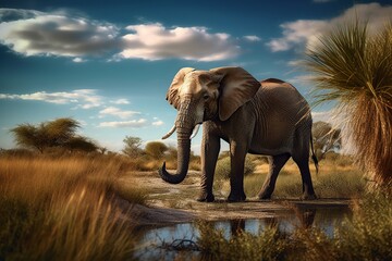 Naklejka na ściany i meble Majestic African elephant trumpeting, lush savannah landscape, acacia trees, tall grasses, warm breeze. generative ai