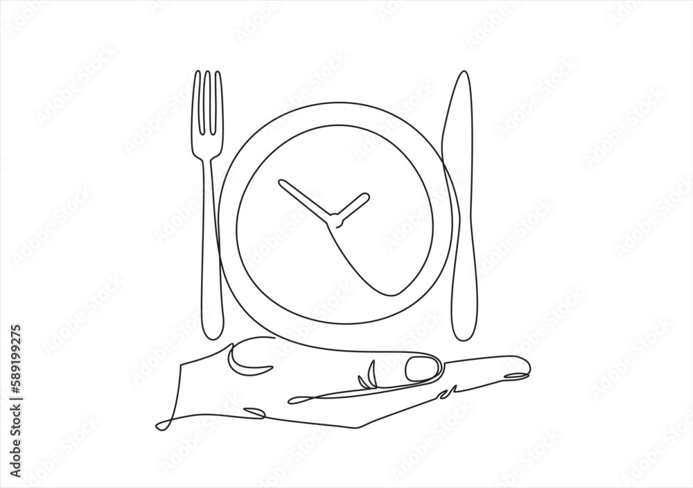 Wall mural Dinner time, clock. One Line Drawing of  hand holding Plate, fork, knife. Food symbol for bar, cafe, hotel. Ready to eat healthy food. Vector logo sign for dinner, breakfast, lunch meal menu service.  - Wall murals