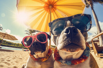 A couple of pug dogs in sunglasses under an umbrella lie on the beach near the ocean. Vacation and tourist season concept. Generative AI