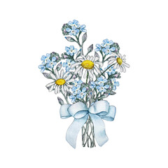 Summer bouquet of chamomile and forget me not with a blue bow.  Watercolor illustrations.