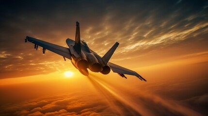 Fototapeta na wymiar Airplane fighter in the sunset sky. Generative AI