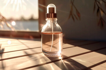 A white transparent bottle with serum or parfume in the rays of the sun. Generative AI