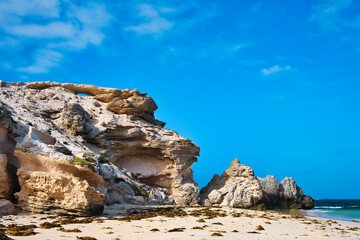 Rock formation of sandstone and coral rock and sandy beach with seaweed at Hamelin Bay in Leeuwin-Naturaliste National Park in Western Australia
