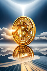 Bitcoin coin with sky behind it 