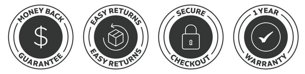 Icon set of money back guarantee, easy returns, secure checkout, 1 year warranty. Black and white symbol collection. Stock vector