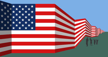 A USA flag is seen as a border wall between the USA and Mexico in this 3-D vector illustration.