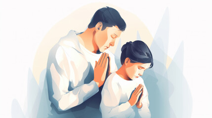 Obraz premium A touching moment of prayer shared between a father and child, on a light background. Generative AI