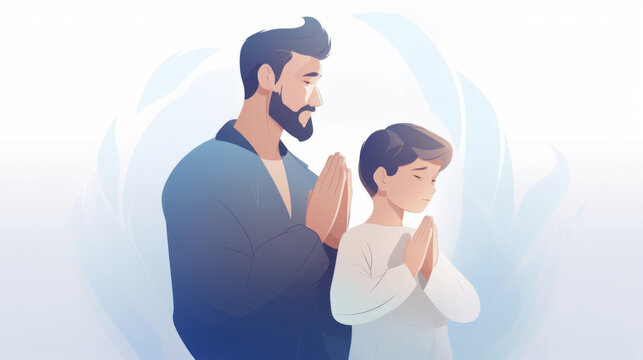 A touching moment of prayer shared between a father and child, on a light background. Generative AI