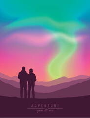 couple on mountain view with beautiful polar lights in colorful sky