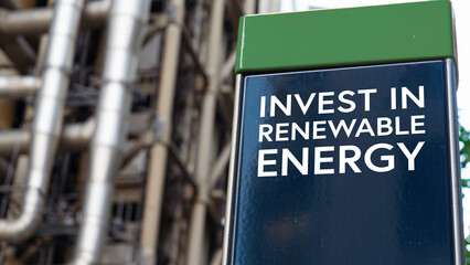 Invest in renewable Energy on a sign in front of an Industrial building	