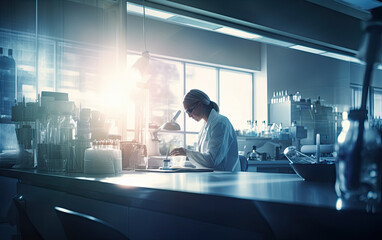 woman scientist in a bright and sunny hi-tech laboratory working at desk Generative AI
