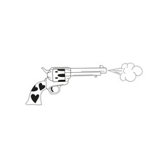 Howdy Valentines Day vintage smoking gun with hearts vector illustration isolated on white. Linear colouring page Wild west love firearm print for 14 February holiday. 
