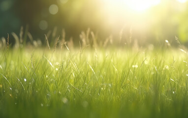 Fototapeta na wymiar bright fresh green grass summer meadow background, Generative AI