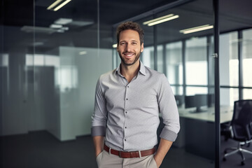 Fototapeta Mann in Hemd steht im modernen hellen Büro - Thema Gründung, Unternehmens-Software oder Start-Up - Generative AI obraz
